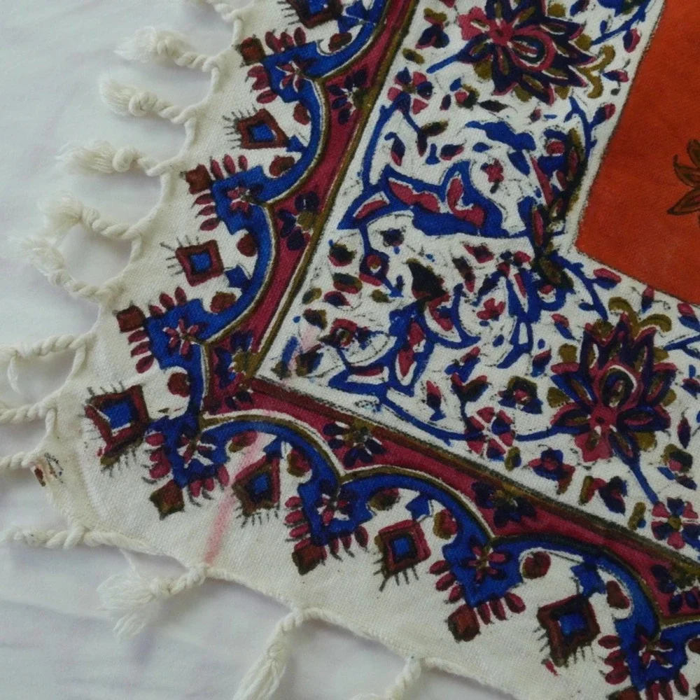 Vintage Hand Block Print Cotton Tablecloth Orange Paisley Fringe Boho 37